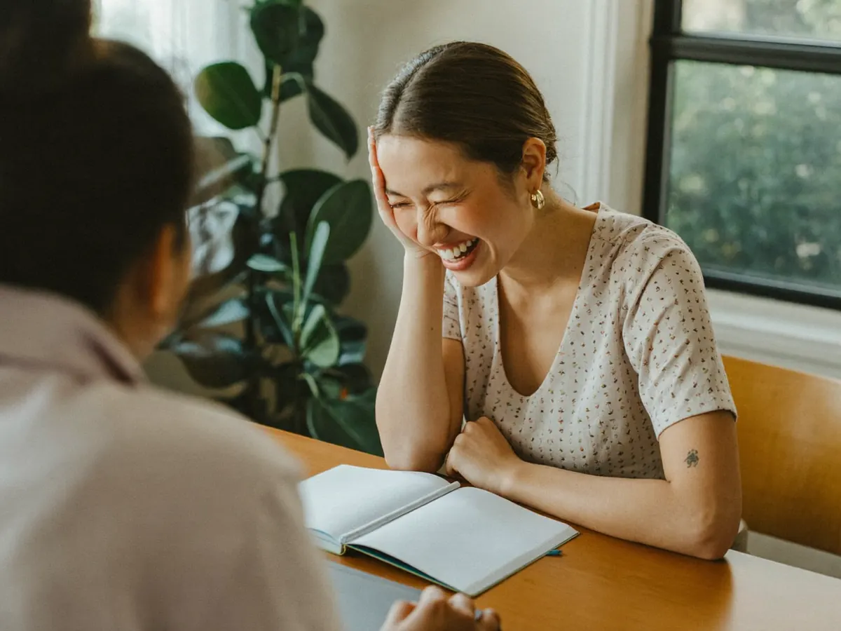 Employee laughing during a live language lesson