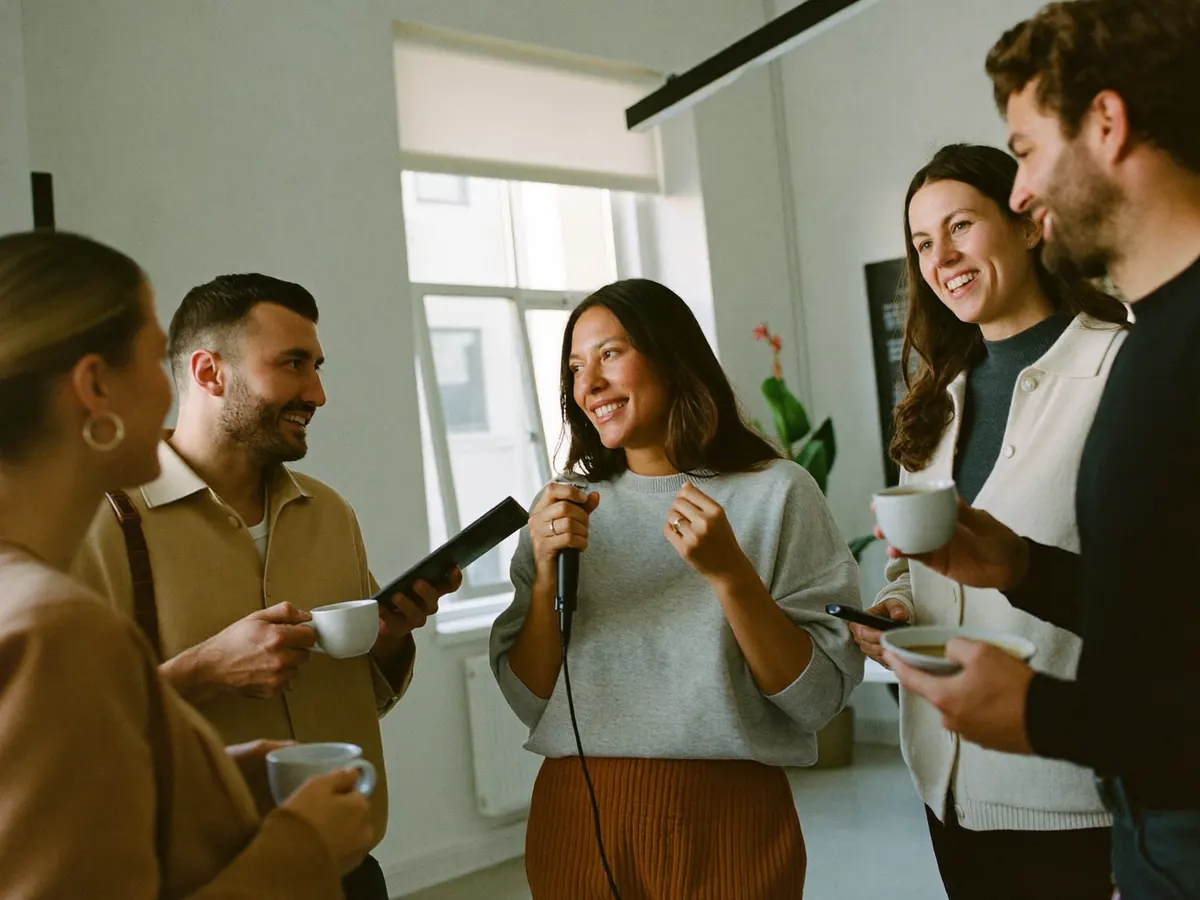 Relocated employee speaking in a morning stand-up with new colleagues