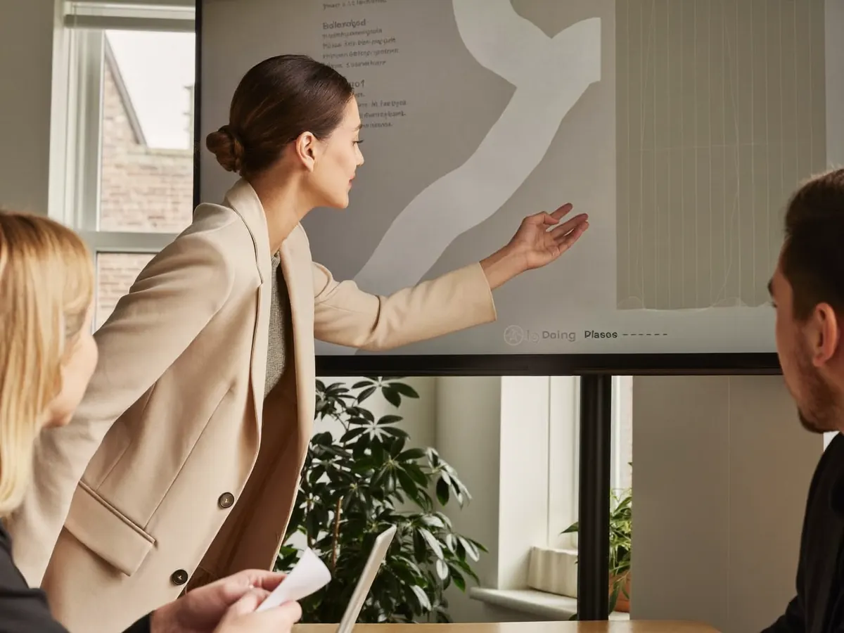 Consultant presenting a product to two clients in a meeting room