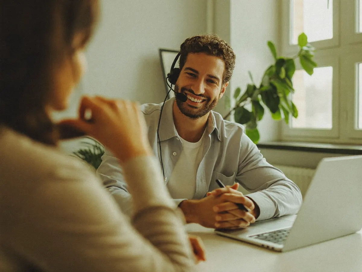 Account manager smiling and taking notes during a discovery call